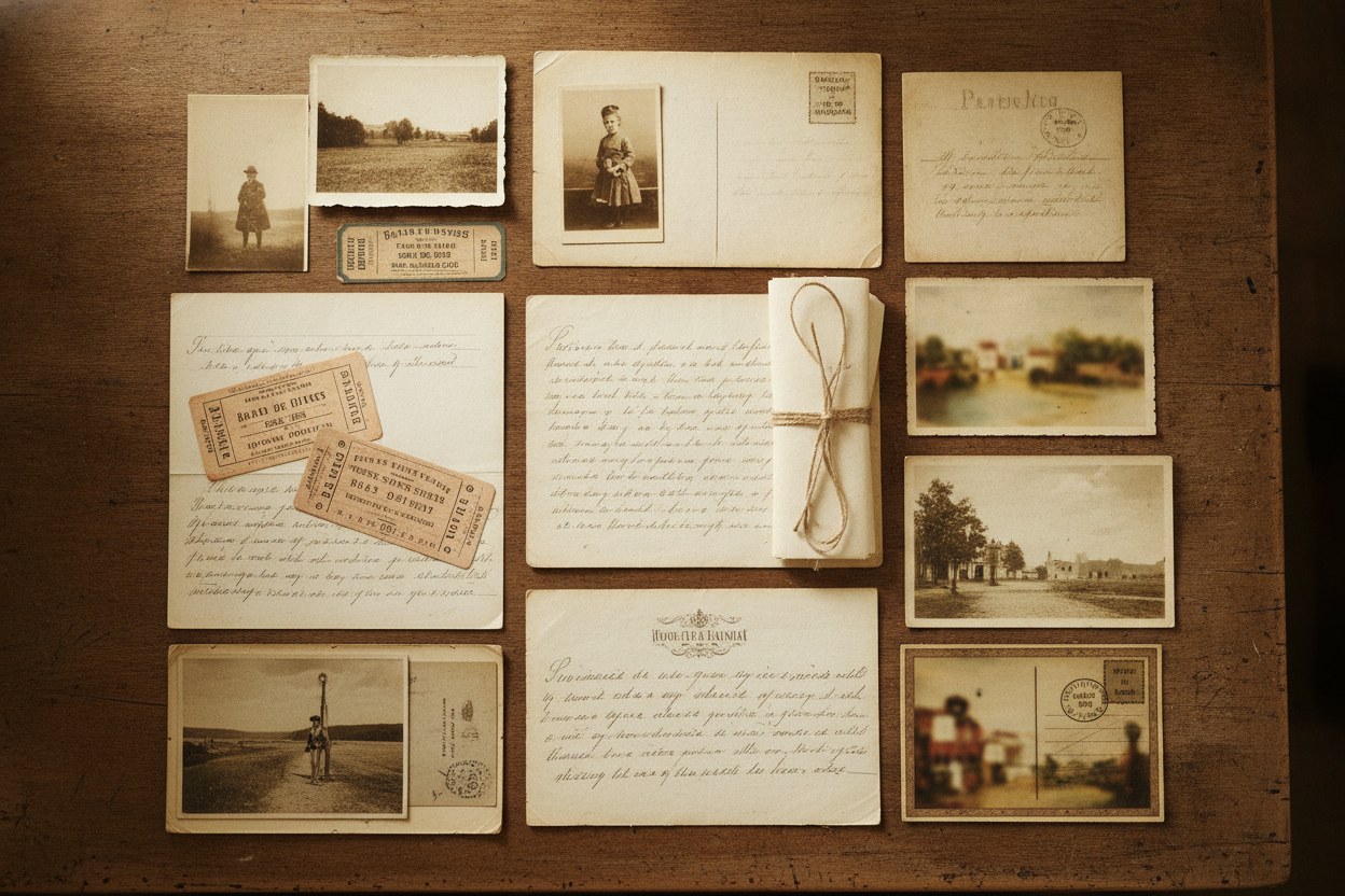 Masaya serilmiş eski fotoğraflar, tren biletleri, mektuplar ve kartpostallardan oluşan düzenleme